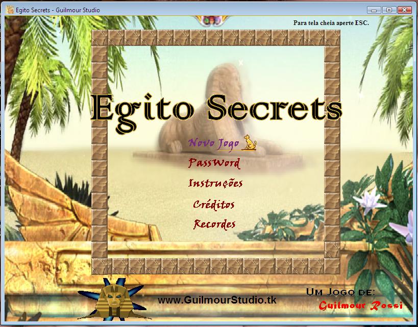Menu do Jogo - Egito Secrets Guilmour Studio